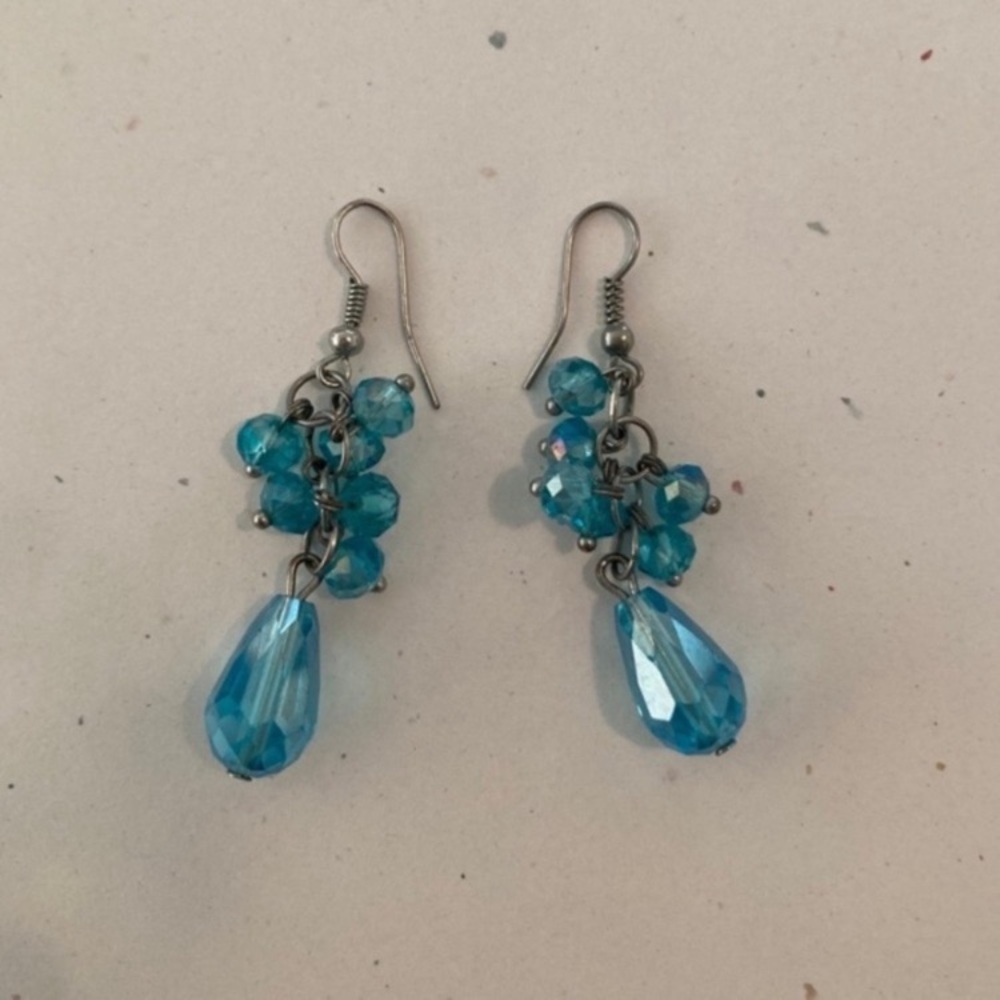 Blue Crystal Drop Cluster Earrings